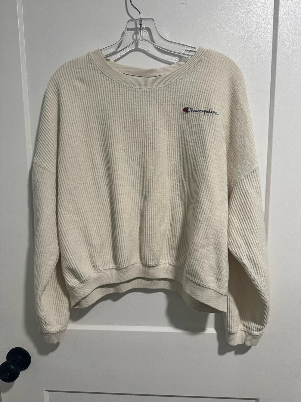 Champion Cream Waffle-Knit Crew Sweatshirt with Script Logo